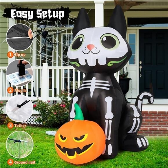 5 FT Halloween Inflatables Skeleton Cat Outdoor Decorations Blow Up Yard - Picture 5 of 7